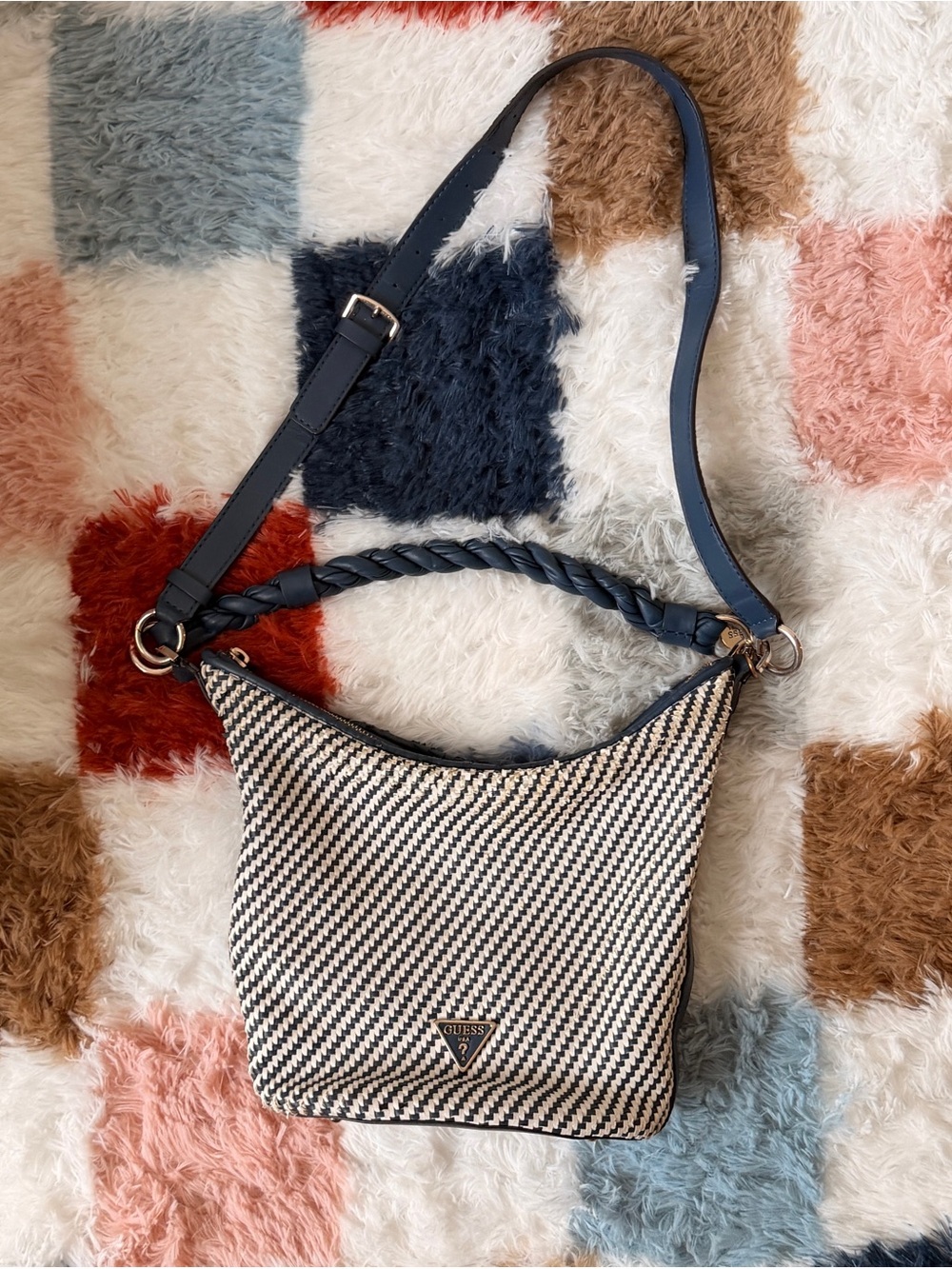 Guess Black & Cream Woven Shoulder Bag with Braided Handle